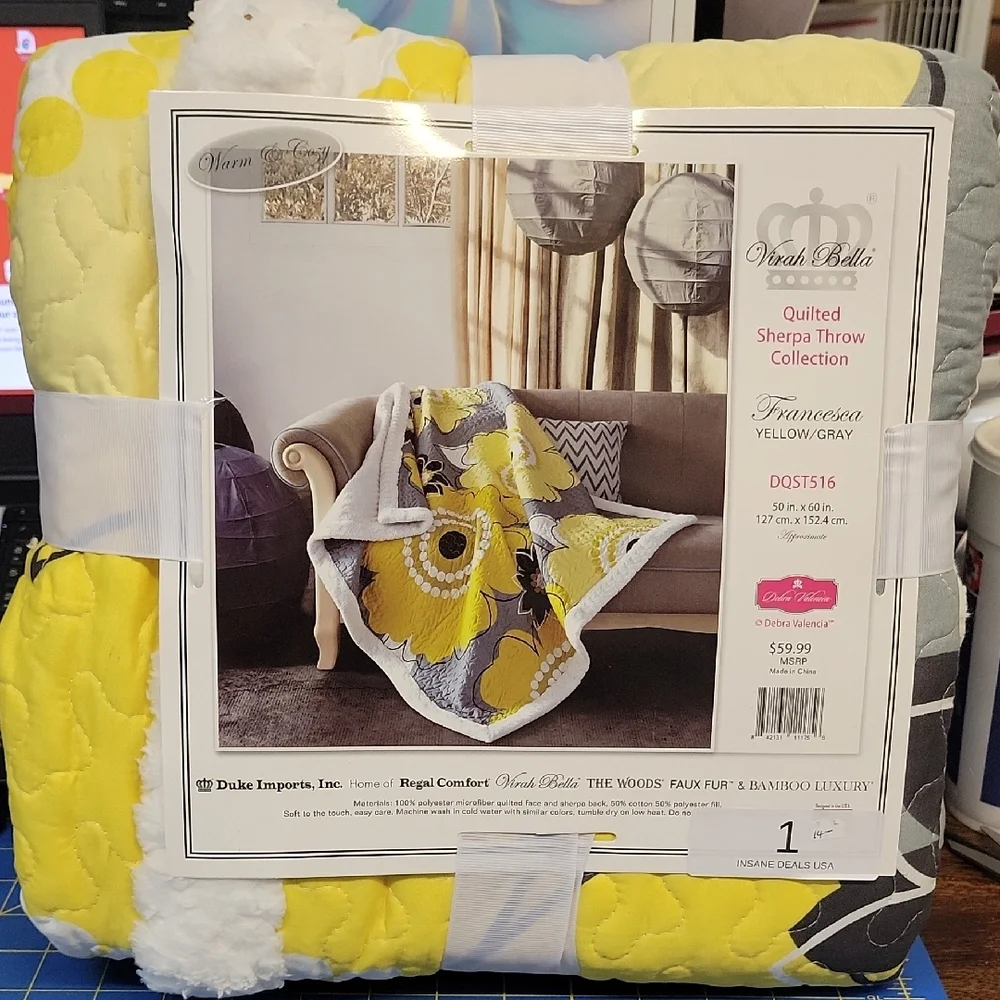 Francesca Yellow Gray Quilted Sherpa Throw Blanket 50